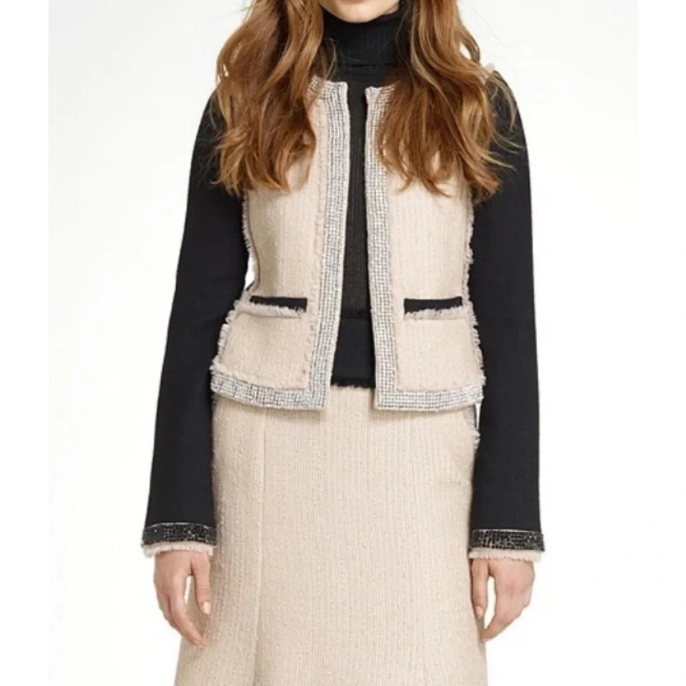 Tory Burch Sairy Bling Wool Tweed Jacket Black Tan Rhinestones Crystals Size 8